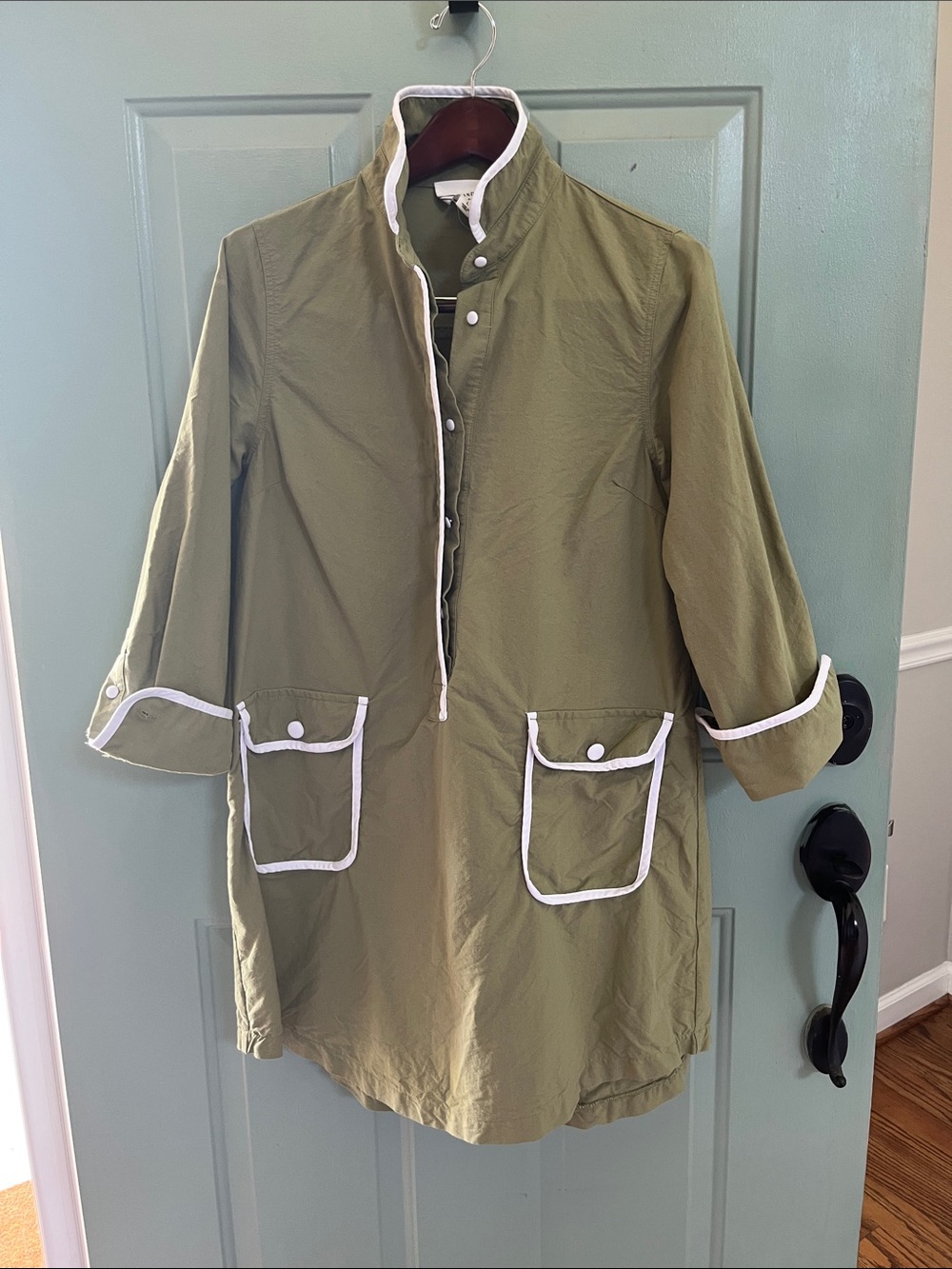 Tuckernuck Pomander Place Olive Green Coat with White Trim